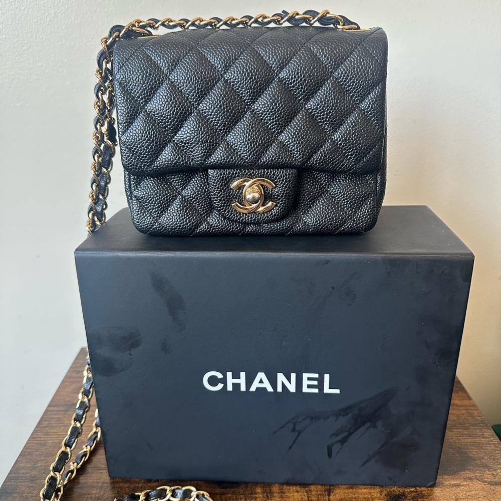 CHANEL Black Quilted Caviar Leather Mini Flap with Gold Hardware